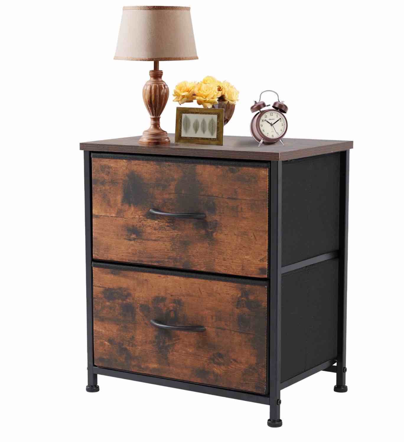 edx nightstand, end table side table with 2 fabric drawers bedside table for bedroom, closet, dorm, rustic brown
