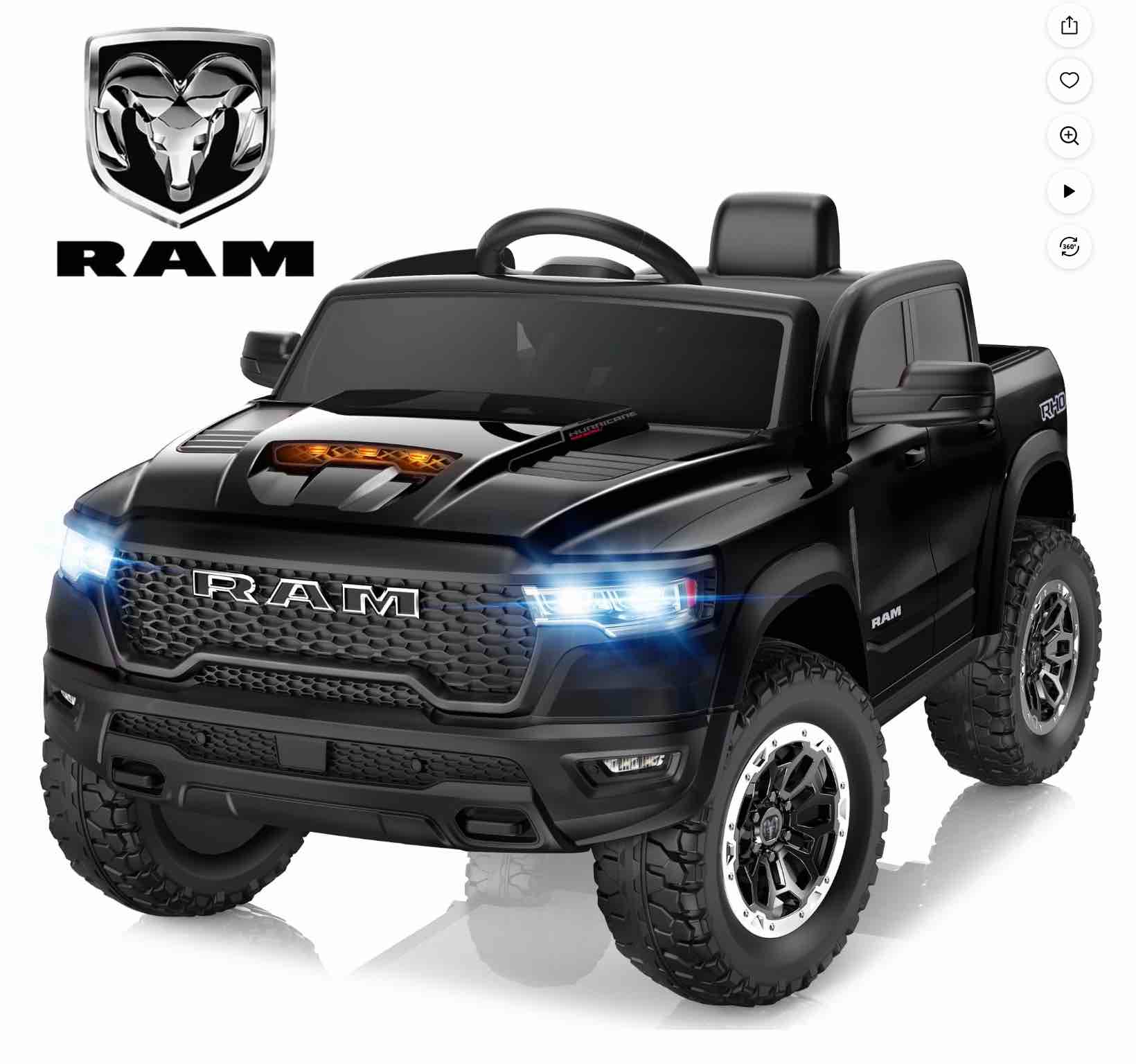 RAM 1500 Ride on Car Toy for Kids, 12V Powered Ride on Truck Toy with Remote Control, 4 Wheel Suspension, Safety Belt, Music, Bluetooth, LED Lights, Electric Cars for 3-5 Yrs Boy Girl, Black