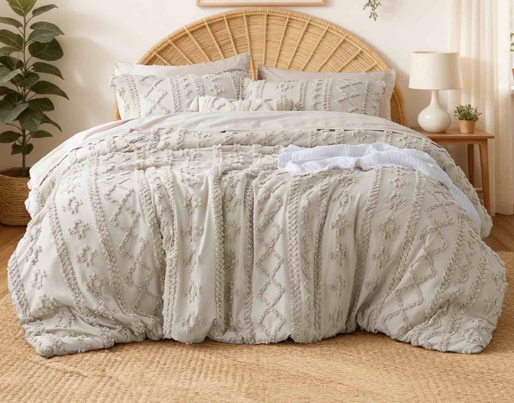 U by Bedsure Tufted Boho Comforter Set, 3 Pieces Farmhouse Shabby Chic Embroidery Bed Set, Soft Jacquard Comforter for All Seasons,King,Natural
