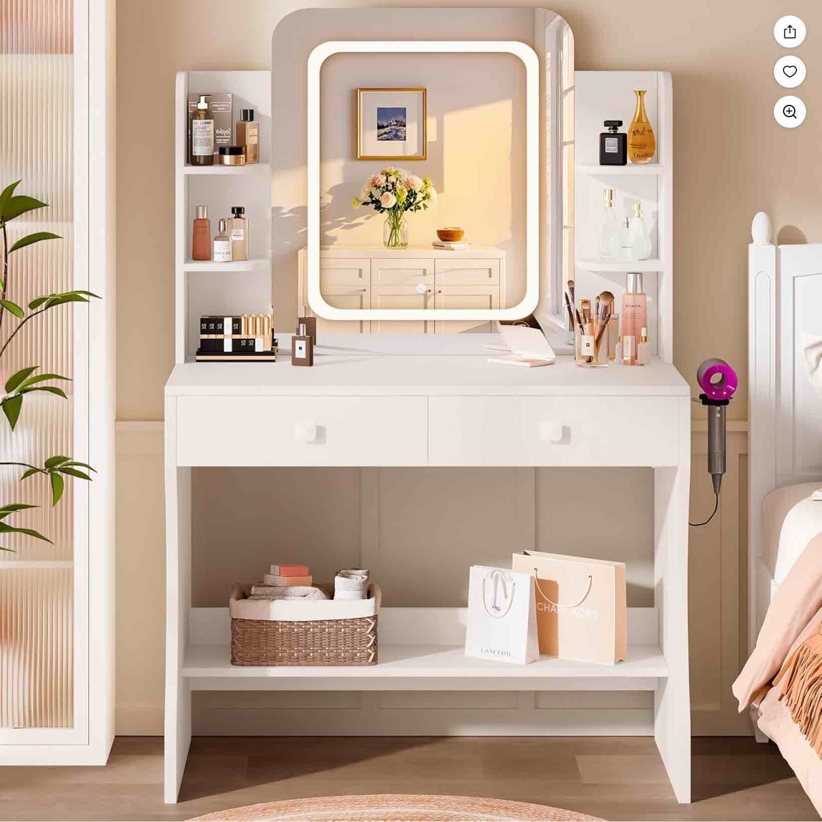 Small Makeup Vanity Desk, 29.5" W x 15.8" D x 51.2" H, White (Smart LED Mirror, Hairdryer Rack, Power-Outlet, 5 Shelves, 2 Drawers)