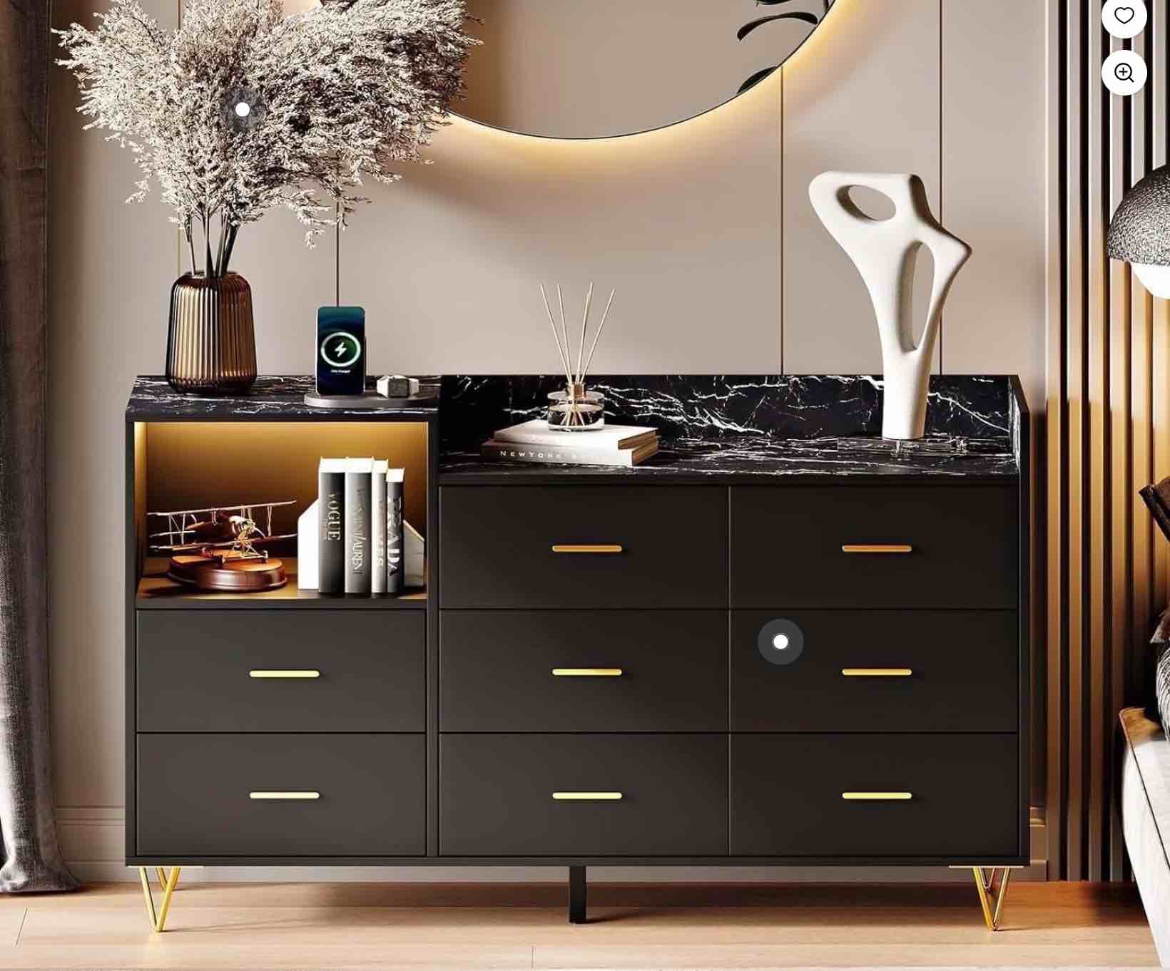 Dresser, Wooden Dresser for Bedroom, 8 Drawer Dresser with Charging Station, Black