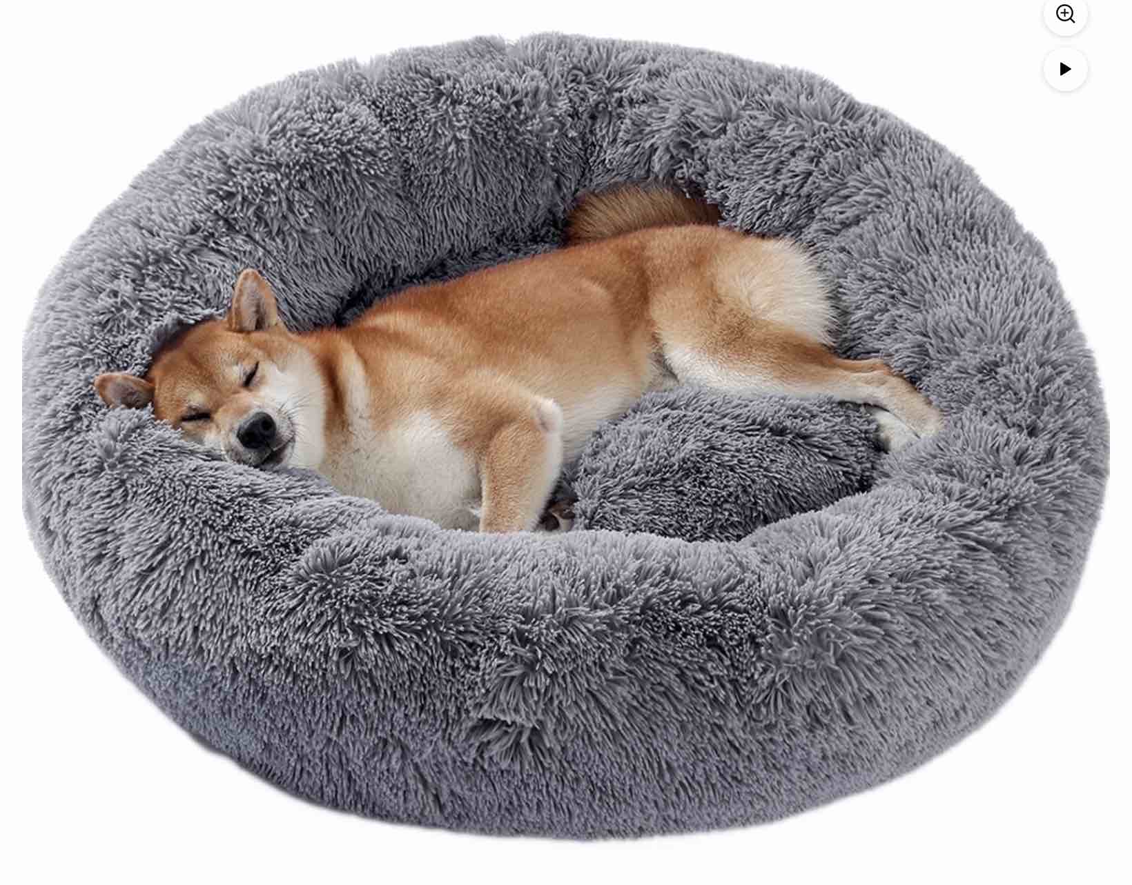 pawz road calming donut dog bed anti-anxiety plush pillow round puppy cat bed 30" for pets up to 45lbs,gray