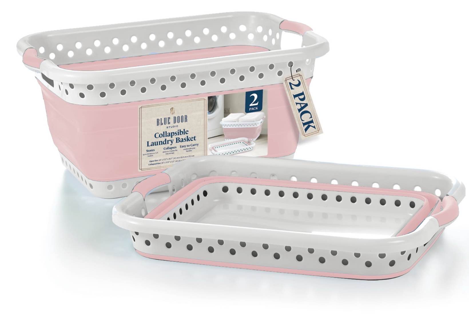 Blue Door Collapsible Laundry Basket Portable Pop Up Plastic Laundry Hamper with Dual Grip, 10.5-Gallon Pink 2pk