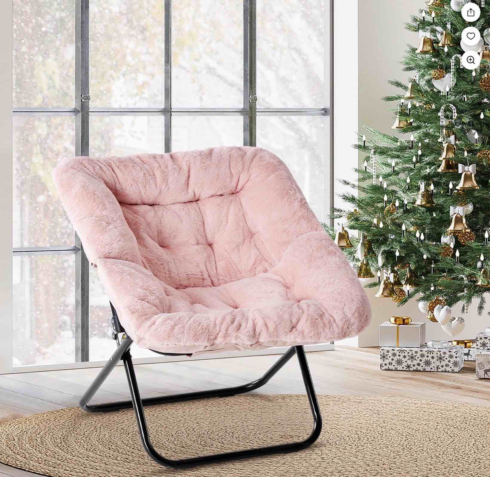 concetta folding saucer chair, square x-large faux fur comfy for lounge, bedroom, adults, pink
