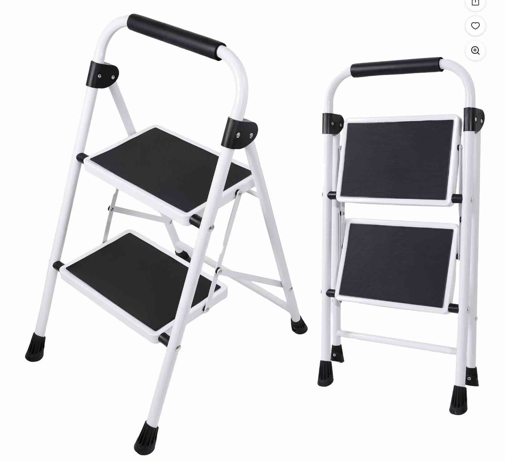 edx 2-step folding step stool for adults - 330 lbs capacity, sturdy steel frame, wide non-slip pedal & top handrail, lightweight portable ladder for home kitchen, black