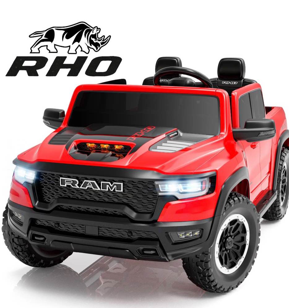 ram 24v ride on car 2 seater for big kids, ram 1500 rho battery powered ride on toy with remote control, 4 wheelers truck electric car for kids toddlers 3-8 boys girls, bluetooth & trunk, red