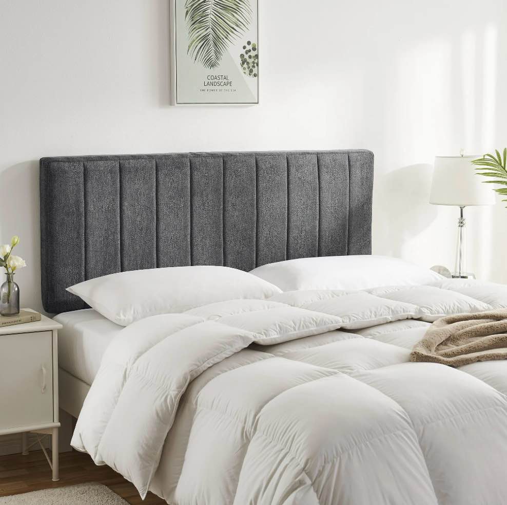 virtu upholstered queen headboard no tools required peel and stick bed headboard only, gray