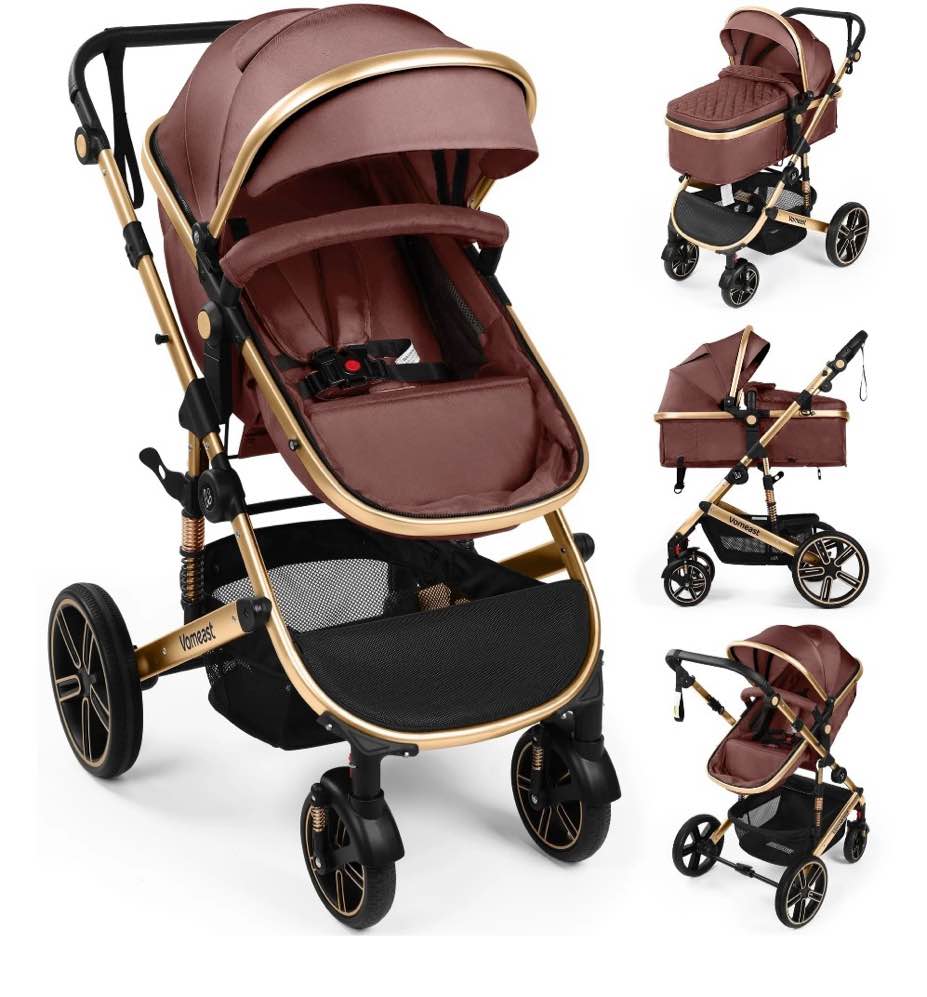 Vomeast Baby Stroller, Foldable Aluminum Alloy Stroller with Reversible, Travel Stroller for Newborn Infant, Brown