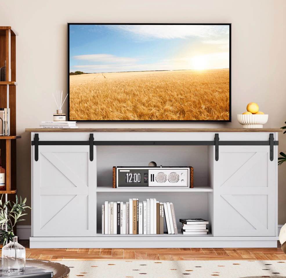 Homall TV Stand for 65 Inch TV, Storage Cabinet with Sliding Barn Door, Entertainment Center, White