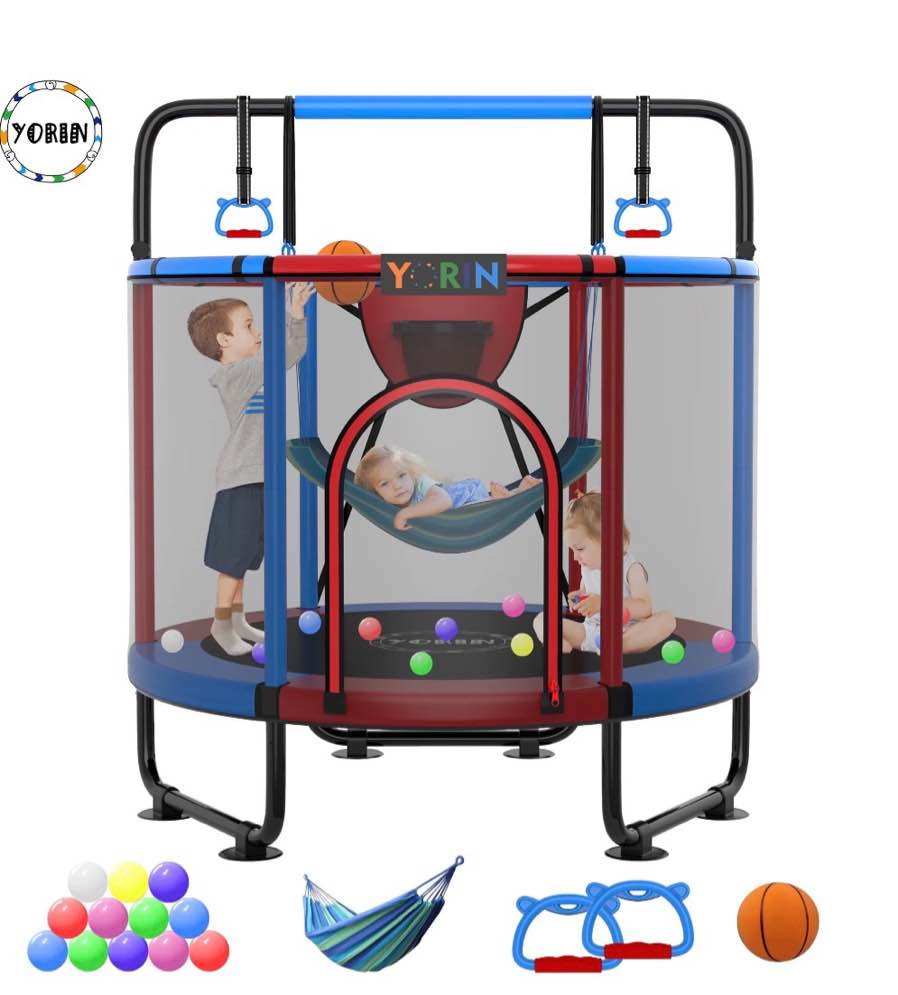 YORIN Trampoline for Kids, 60" 55" 66" Toddler Mini Trampoline with Enclosure Net, Basketball Hoop, 5FT Indoor/Outdoor Kids Trampoline with Swing, Adjustable Gymnastics Bars, Gifts for Kids, 600LBS