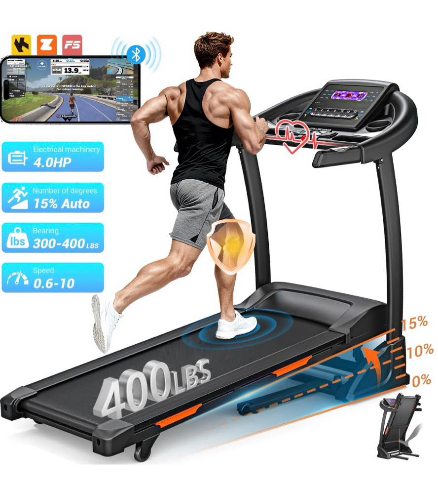 3.5HP Folding Treadmill  300lb Capacity  15 Levels Auto Incline Treadmills for Home Running and Walking Max 10MPH Speed Neche Foldable EleTreadmill Running Machine with APP & Bluetooth