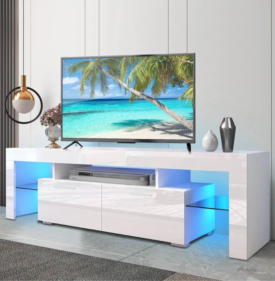 PAPROOS TV Stand for TVs up to 70", High Gloss TV Cabinet with LED Light, Modern TV Console Table with Storage Drawers, Media Television Stand Entertainment Center, White