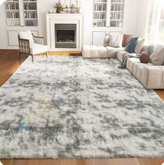 Emossie 8' x 10' Area Rug for Living Room, Tie-dye Grey Large Fluffy Rug for Bedroom, Indoor Rectangle Shag Rugs, Flame Retardant, Light Grey