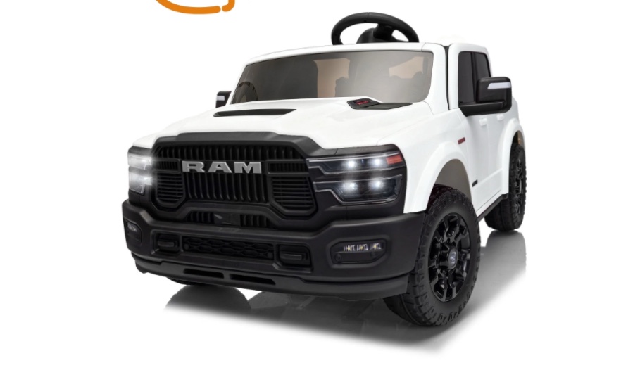 Kerry Yoo SQ7 Ride on Toys Car, 24V RAM Truck Electric Vehicle for Kids, Pickup Truck, 2 Seater, Bed Storage, Remote Control, Safety Belt, Music- White