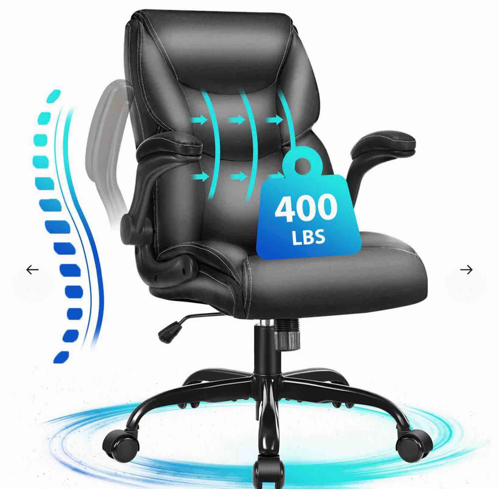 JONPONY Big and Tall Office Chair 400LBS Wide Seat Ergonomic Computer Desk Chair High Back Executive Leather Chair Adjustable Task Chair Lumbar Back Support 8 Hours Heavy Duty Design,9423,Black