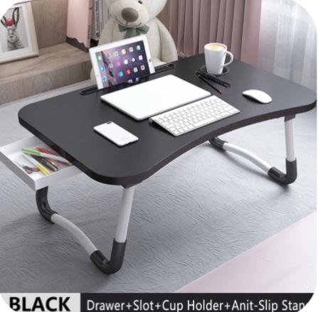 PHANCIR Foldable Lap Desk, 23.6 Inch Portable Wood Laptop Desk Table Workspace Organizer Bed Tray with iPad Slots, Cup Holder and Drawer, Anti-Slip for Working Reading Writing, Eating, Watching-Black
