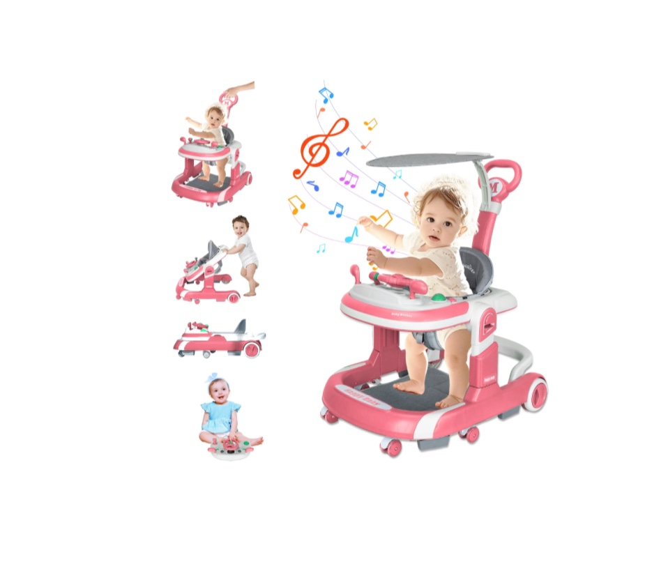 RICHYOUNG 5-in-1 Foldable Baby Walker with Wheels Music,Height-Adjustable Push Walker for Girl(Pink)