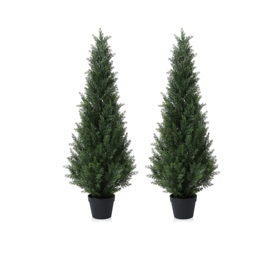 Artificial Cedar Tree 2 Pack 4 ft Outdoor Artificial Topiary Cedar Plants Fake Tree UV Rated Potted Tree for Perfect Housewarming Gift, Set of 2