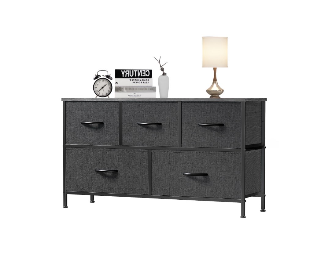 edx 5 drawer dresser, wide chest of drawers nightstand storage tower storage fabric dresser with wood top for living room, bedroom, hallway,black