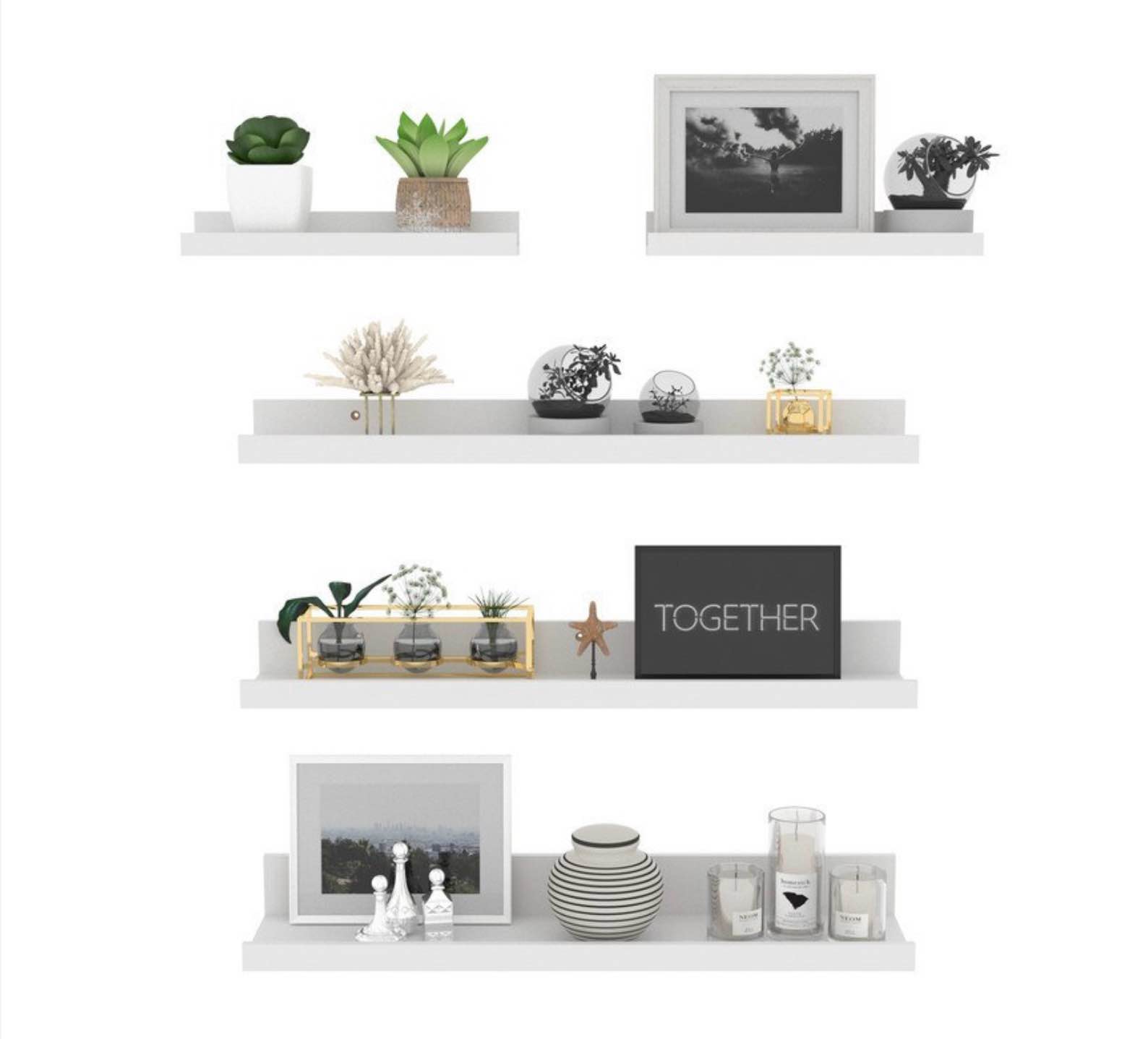 giftgarden 16 inch wall mounted floating shelves set of 5, white wood wall shelves for bathroom, bedroom, kitchen, living room storage and decoration, wooden small picture ledge