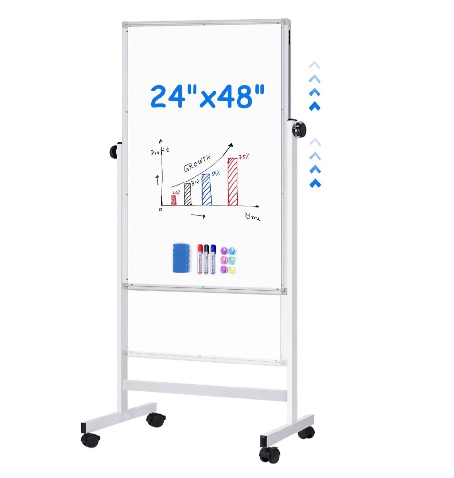 maxtek rolling white board  48 x 24 height adjustable whiteboard on wheels  large magnetic standing mobile easel board  double-sided with stand for office  home  and classroom