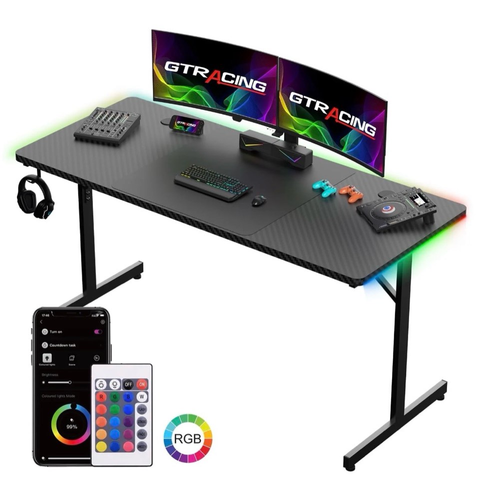 gtracing 55" large rgb sturdy gaming desk with mouse pad t-shaped office chair computer desk spacious work surface table, black
