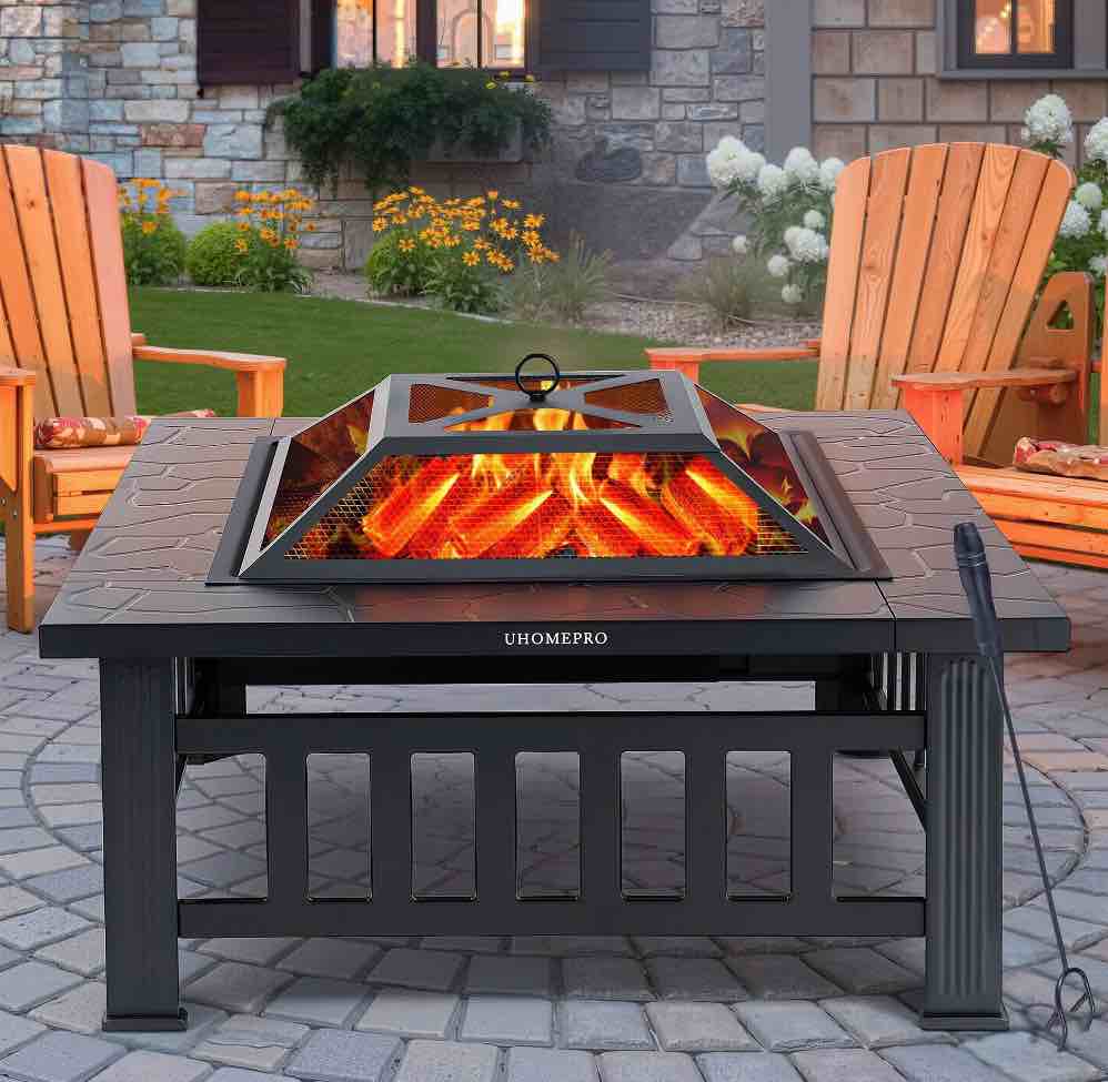 fire pits for outside, 32" wood burning fire pit tables with screen lid, poker, bbq net, ice tray, food clip and cover, backyard patio garden outdoor fire pit/ice pit/bbq fire pit, black