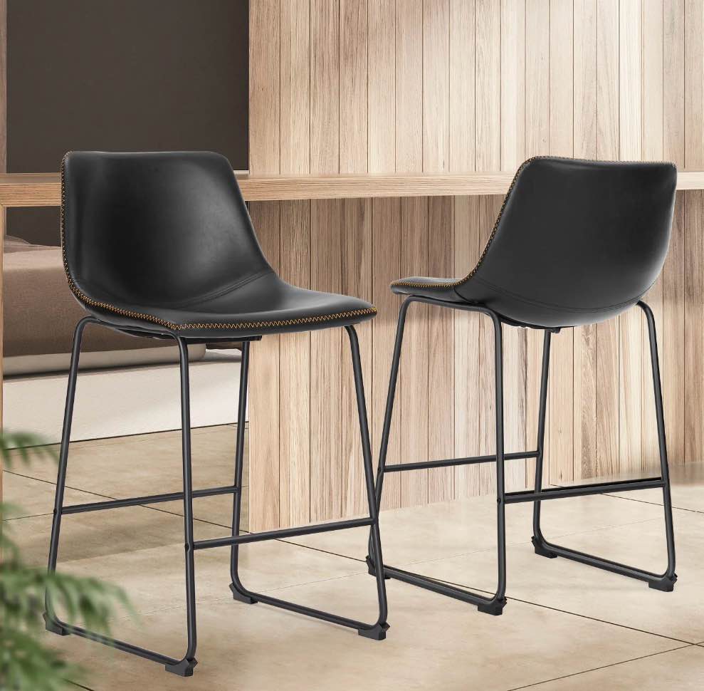 edx counter height bar stools set of 2 with back and footrest, metal frame, 26 inch, black