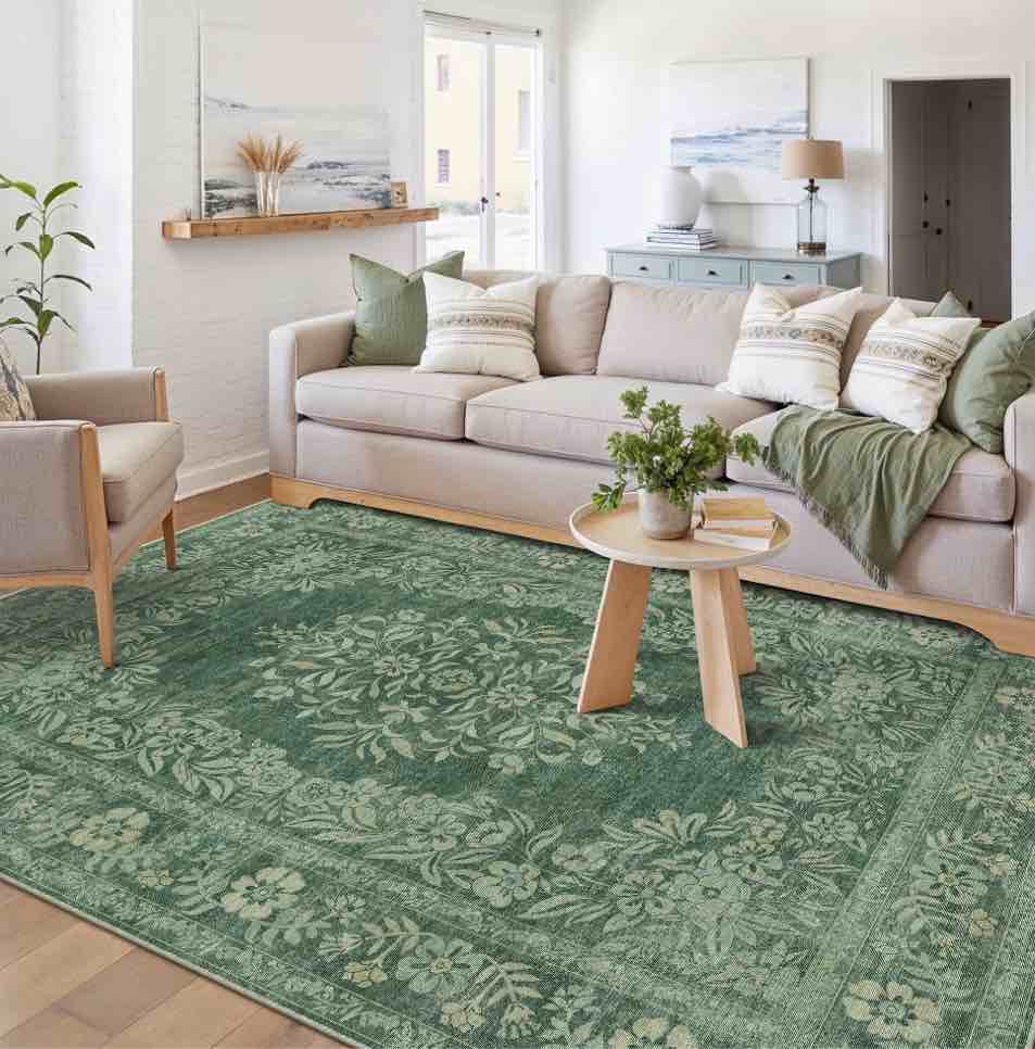 wiponken 6x9 area rugs for living room bedroom dining room office farmhouse, machine washable non slip vintage persia rug green