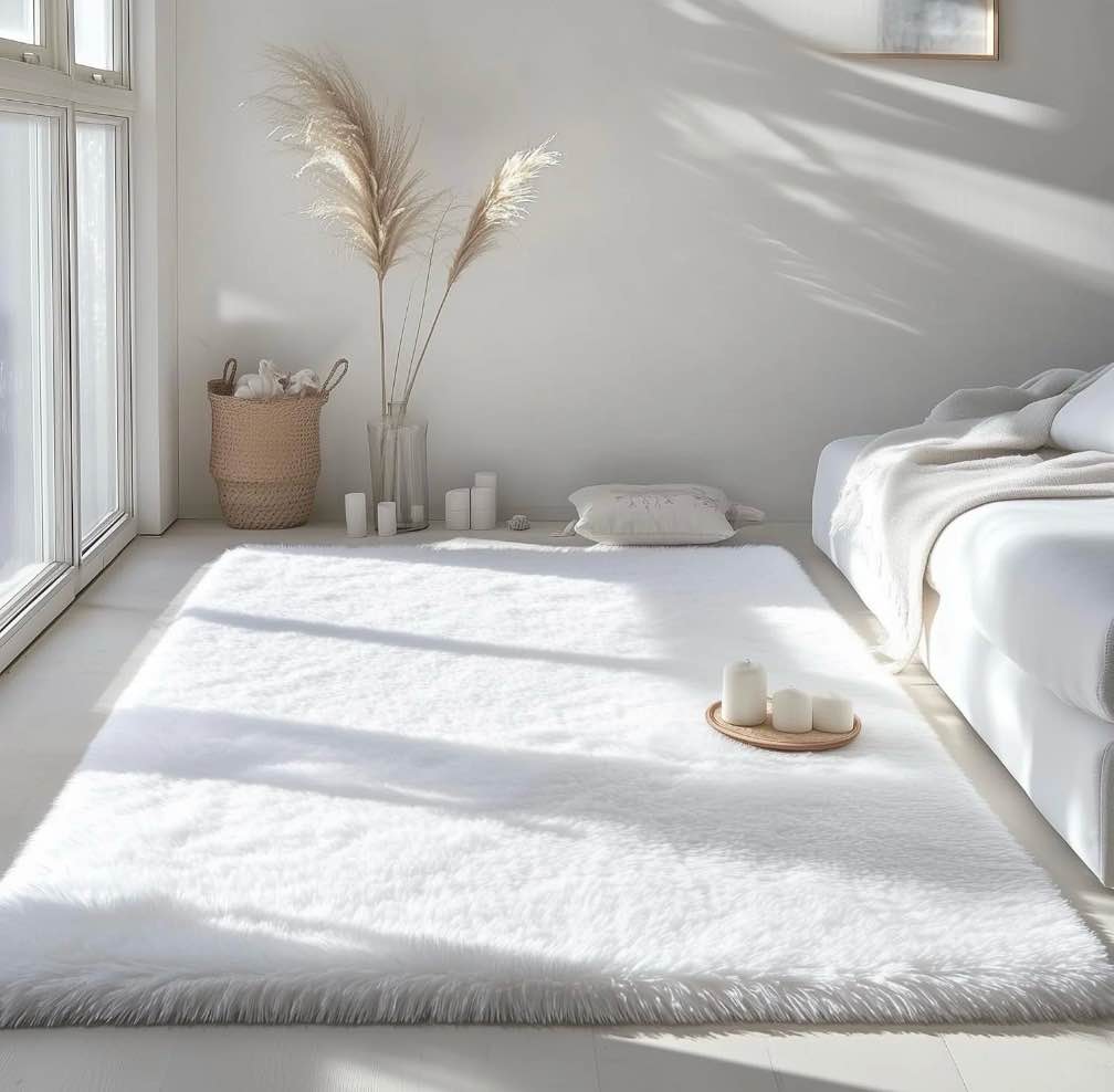 cshidworld area rugs for living room bedroom, 8x10 ultra soft comfy fluffy thickened memory-foam indoor carpets, modern minimalist carpet for teen adults apartment bedroom home decor, white