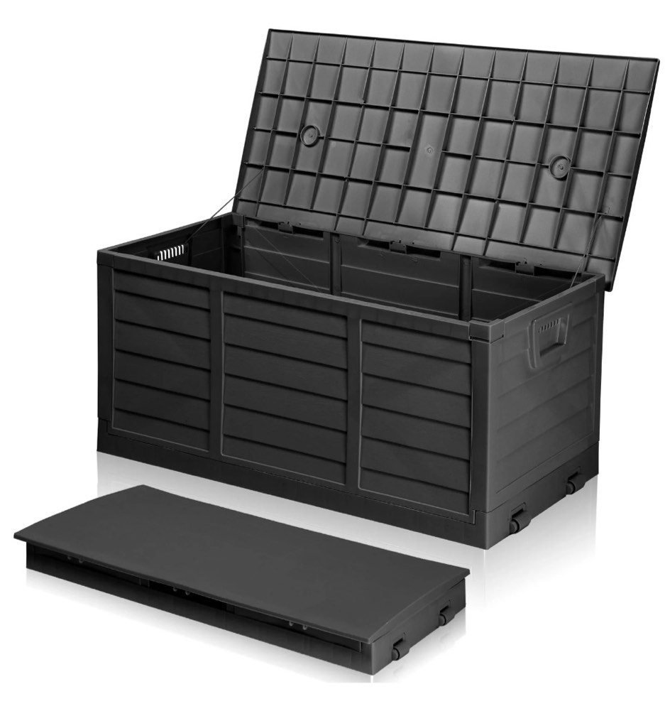 ktaxon 75gal outdoor storage deck box collapsible garden resin deck box pre-installed,space saving & easy set up - black