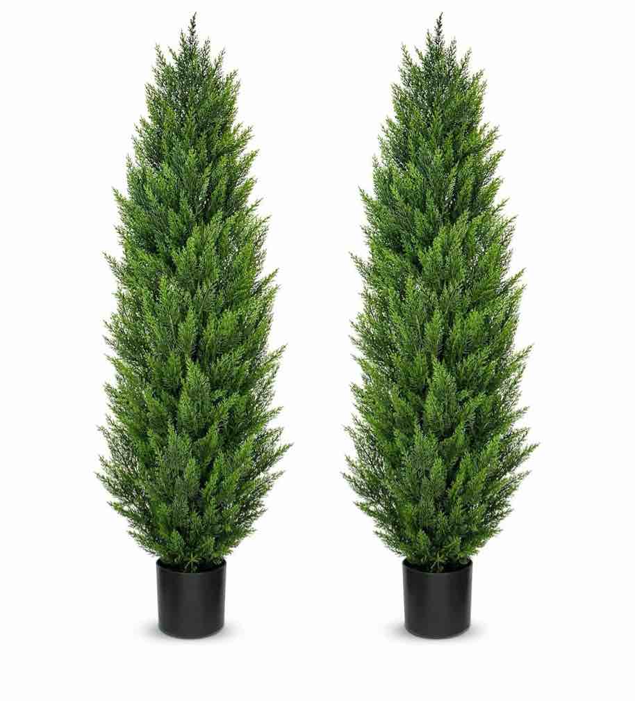 2 pcs cedar tree artificial 5ft potted topiary trees artificial outdoor realistic plants uv resistant fake shrubs cypress trees pot porch home decor housewarming gift