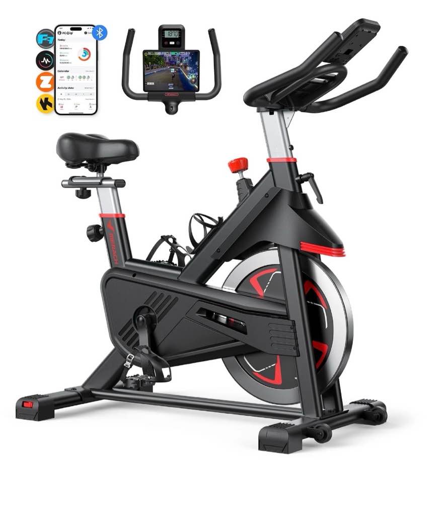 merach exercise bike indoor stationary cycling bike with 350lbs weight capacity 100 resistance with led monitor free app silent belt drive and comfortable seat cushion for cardio workout