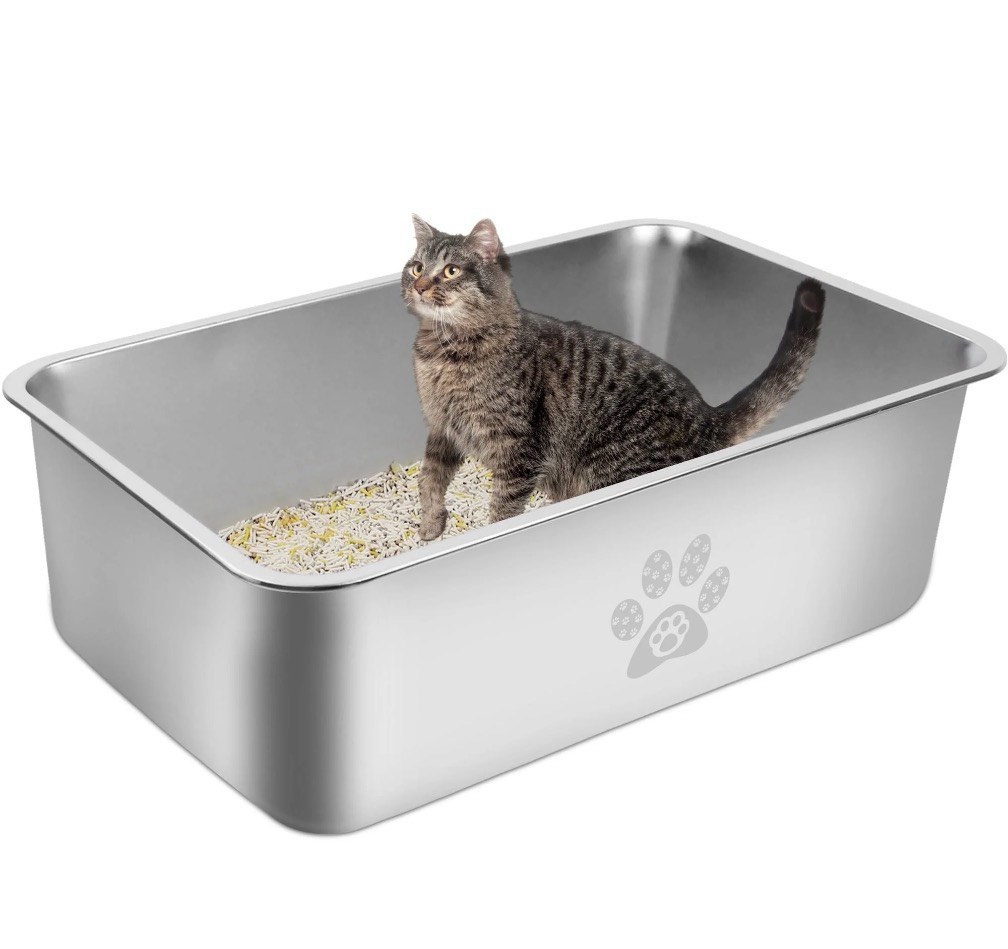 ptlom cat litter box with high sides large stainless steel cat litter pan 23.6  x 15.7  x 7.9