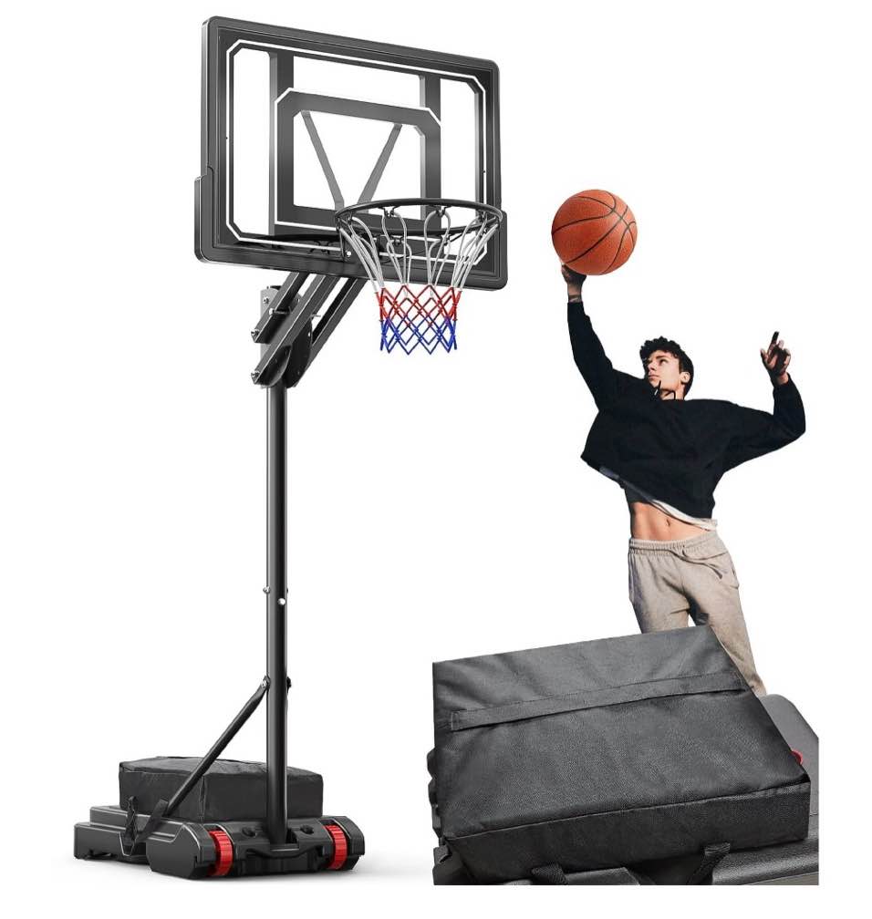 VIRNAZ 33 in. Portable Basketball Hoop & Goal System for Outdoor Indoor Court 5.5 - 9.5 ft. Easy Height Adjustable with Weight Bag