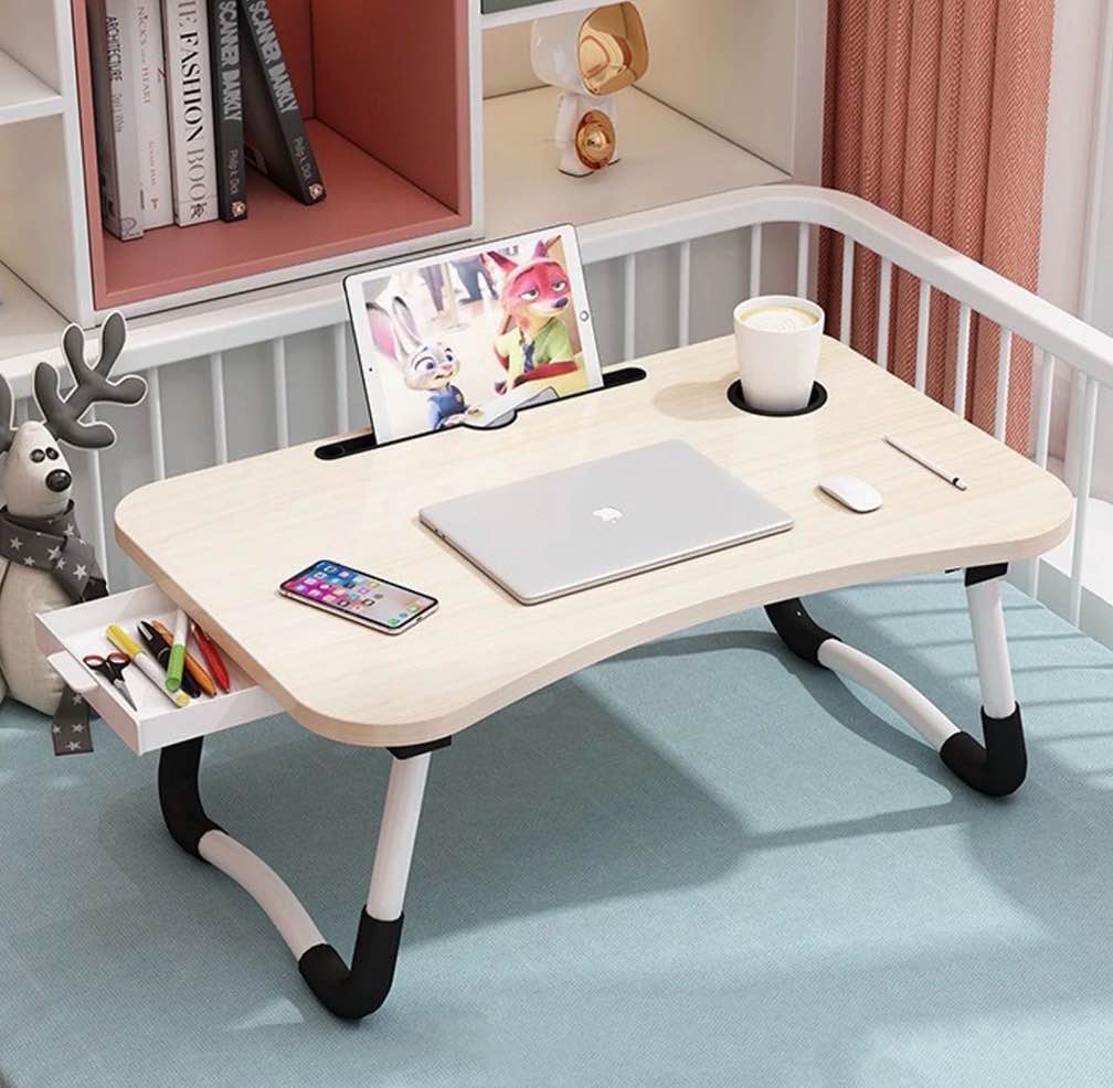 phancir foldable lap desk  23.6 inch portable wood laptop desk table workspace organizer bed tray with ipad slots  cup holder and drawer  anti-slip for working reading writing  eating  watching-white