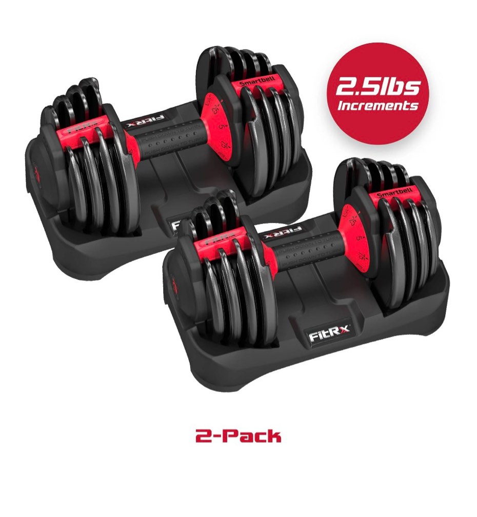 fitrx smartbell 2-pack  two 25lbs. quick-select 9 in 1 adjustable dumbbell for home gym  5-25lbs. weight in 2.5lbs increments