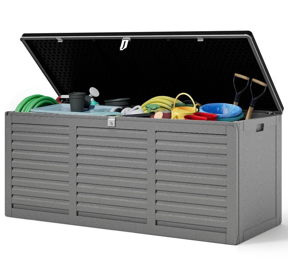 130 gallon resin deck box, outdoor lockable storage container for patio cushions, garden tools, pool supplies, toys, waterproof and uv resistant, reinforced rib design, gray