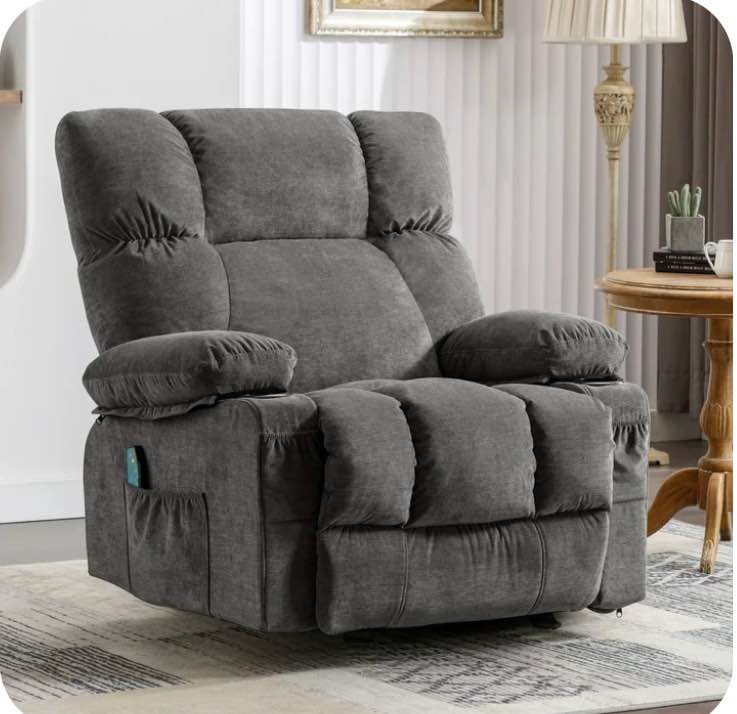 jonpony manual recliner chair with heat therapy and massage function, heavy duty reclining mechanism massage chair, elderly single rocker sofa with cup holders for bedroom home theater,grey