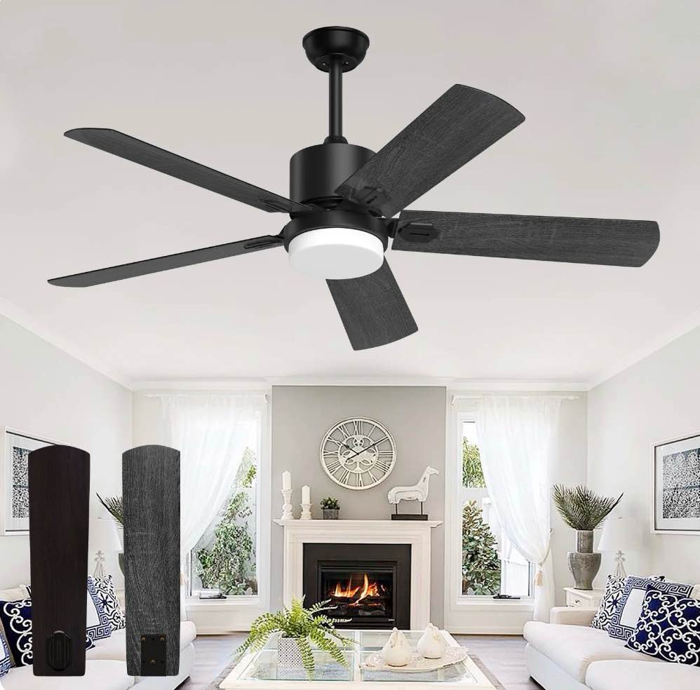 skeven 52'' ceiling fan with light and remote control, 6-speed reversible dc motor, 5 wood fan blades,black