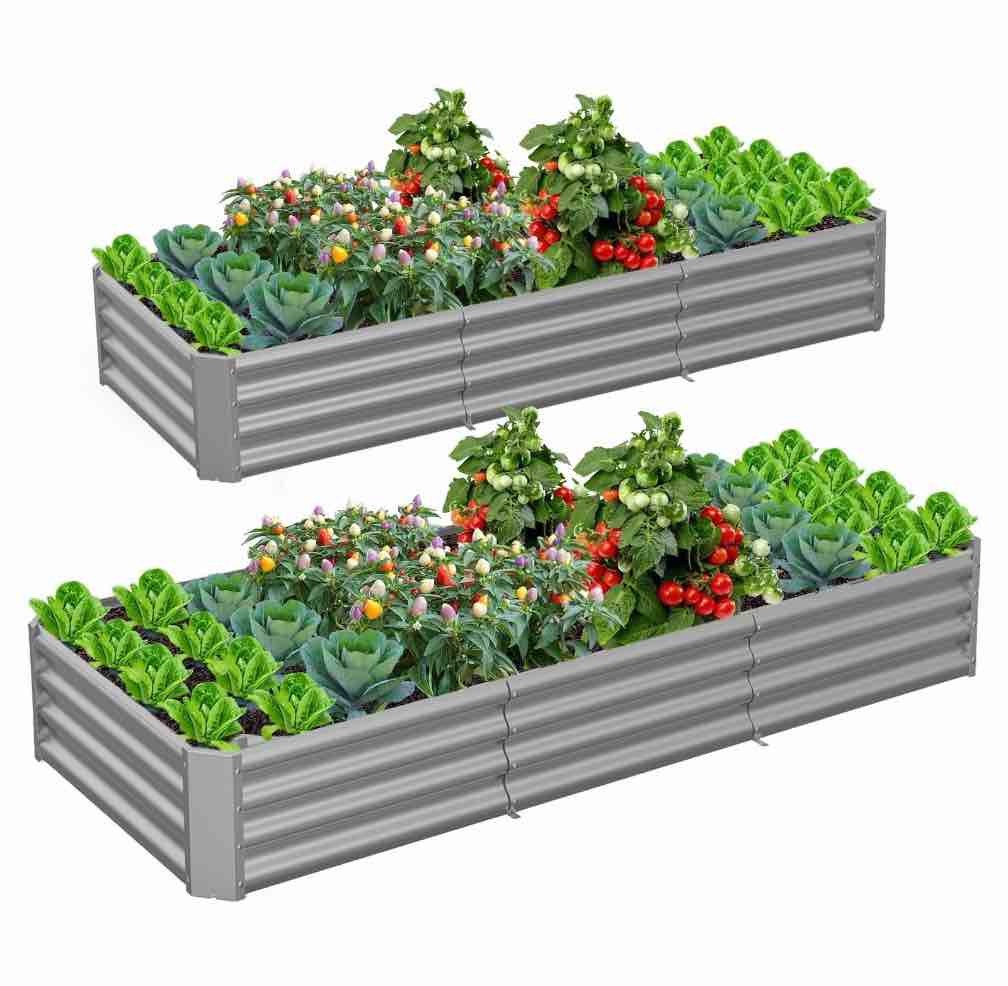 tramull 2 pack 8x3x1ft metal galvanized raised garden bed for vegetables flowers ground planter box (gray)