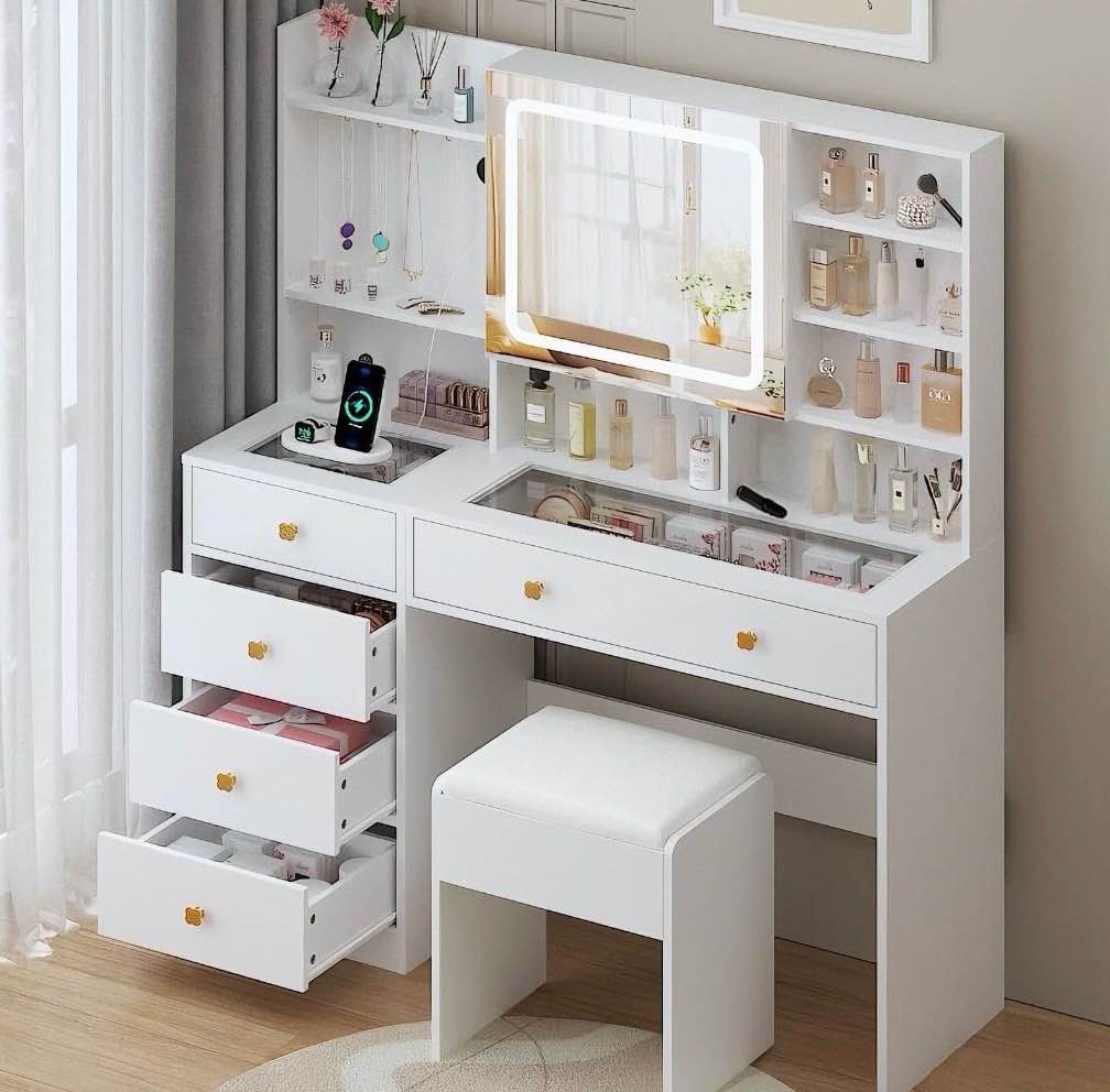 ktaxon large 47.2" makeup vanity with 3 color lights, vanity desk with usb charging station, vanity makeup table with visible drawers, hidden and open storage shelves, white