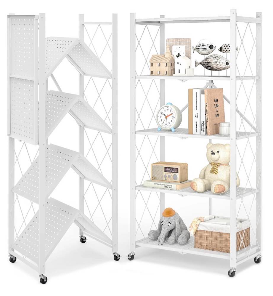 furnibear 5-tier folding storage shelves with wheels, foldable metal rack, collapsible shelves for garage, kitchen, basement, white