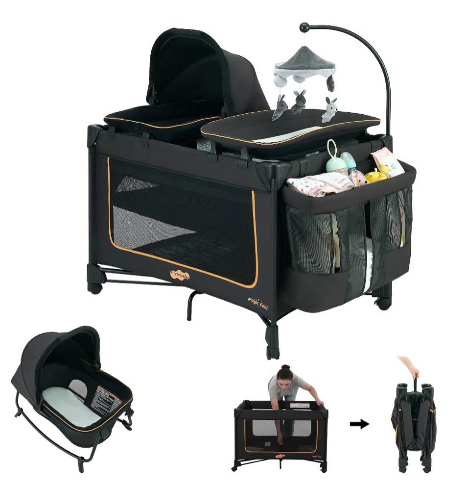 pamo babe baby playard magic fold 1 step bassinet & changing table for newborn, 4-panels (black)