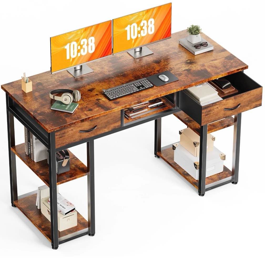 concetta 48 inch small desk with fabric drawers & storage shelves, computer desk, writing desk for home office, bedroom, rust brown