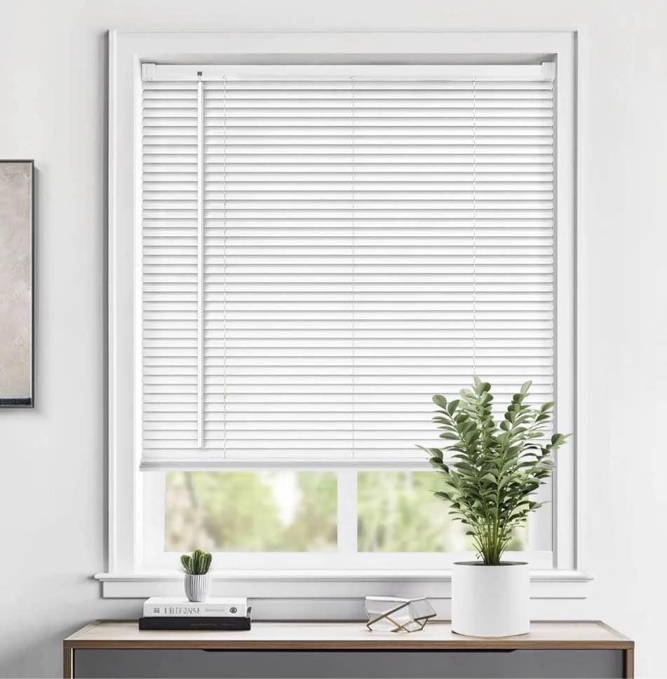 lazblinds cordless 1" vinyl horizontal mini blinds, light filtering blinds for windows, blinds and shades for windows size 34" w x 64" h, white