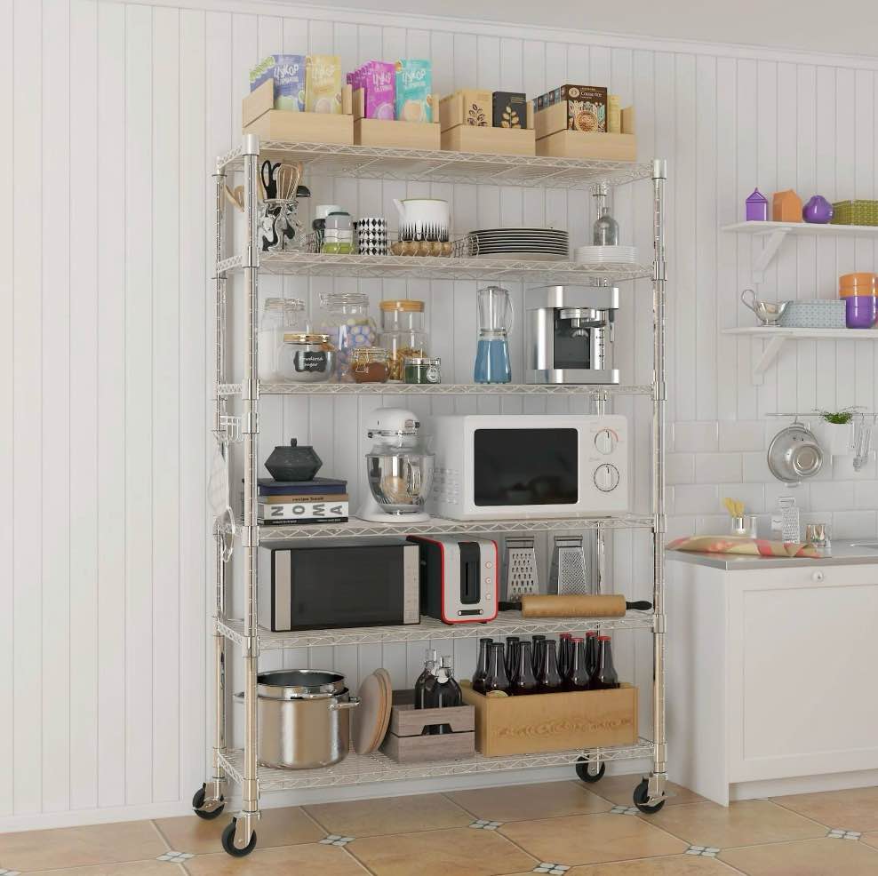 ktaxon 6 tier wire shelving with wheels 2400lbs capacity,  heavy duty storage rack for home garage, 46"w x 18"d x 82"h adjustable shelves, silver
