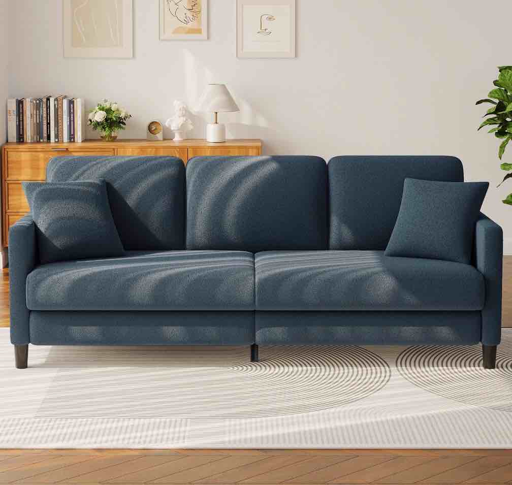83" sofa couch for living room,comfy teddy fleece loveseat sofa,extra deep seat couches ,neche tool-free setup love seat with 2 pillows,blue grey