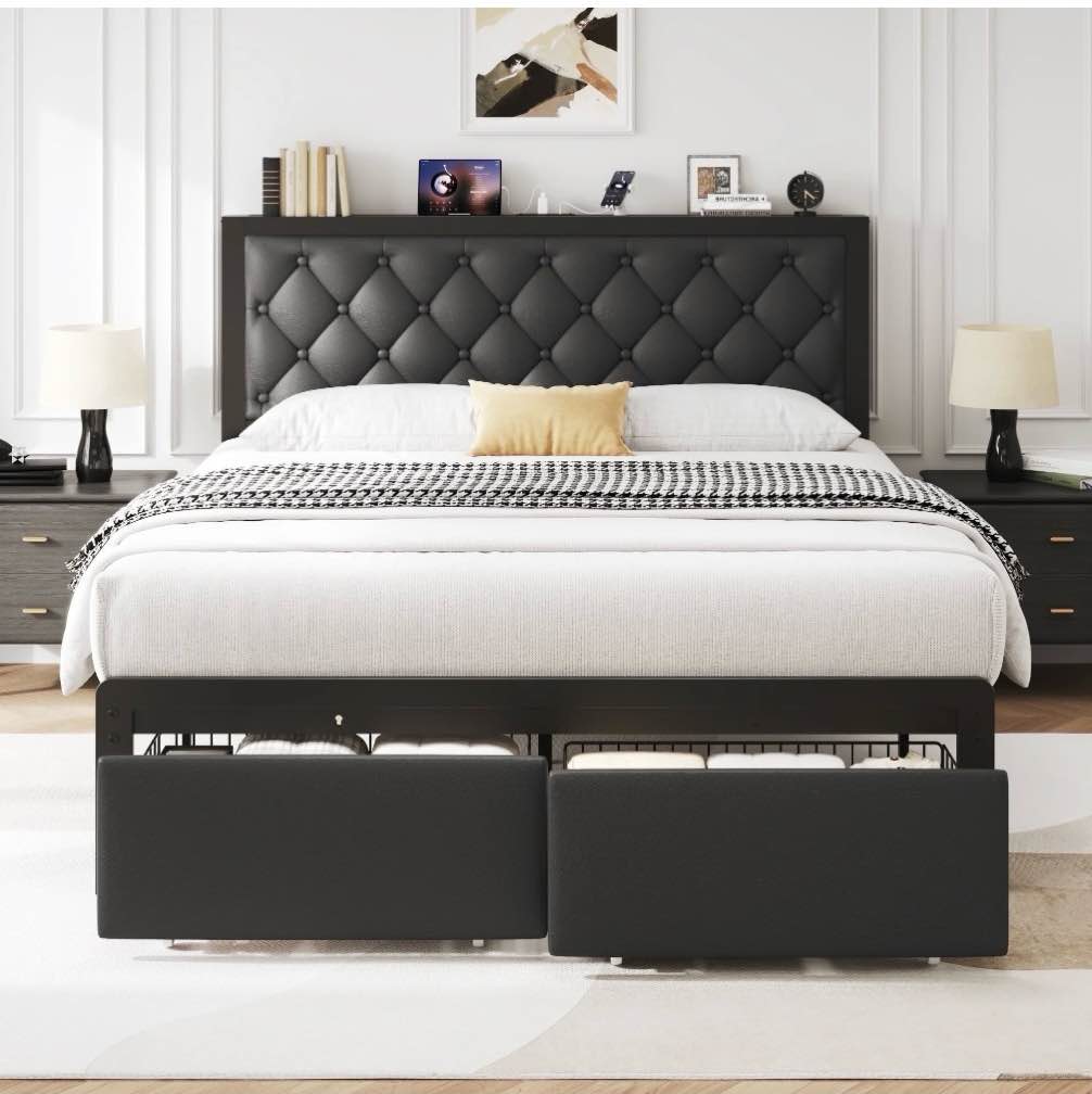 fluest bed frame with leather upholstered headboard, lockable storage, queen size, black