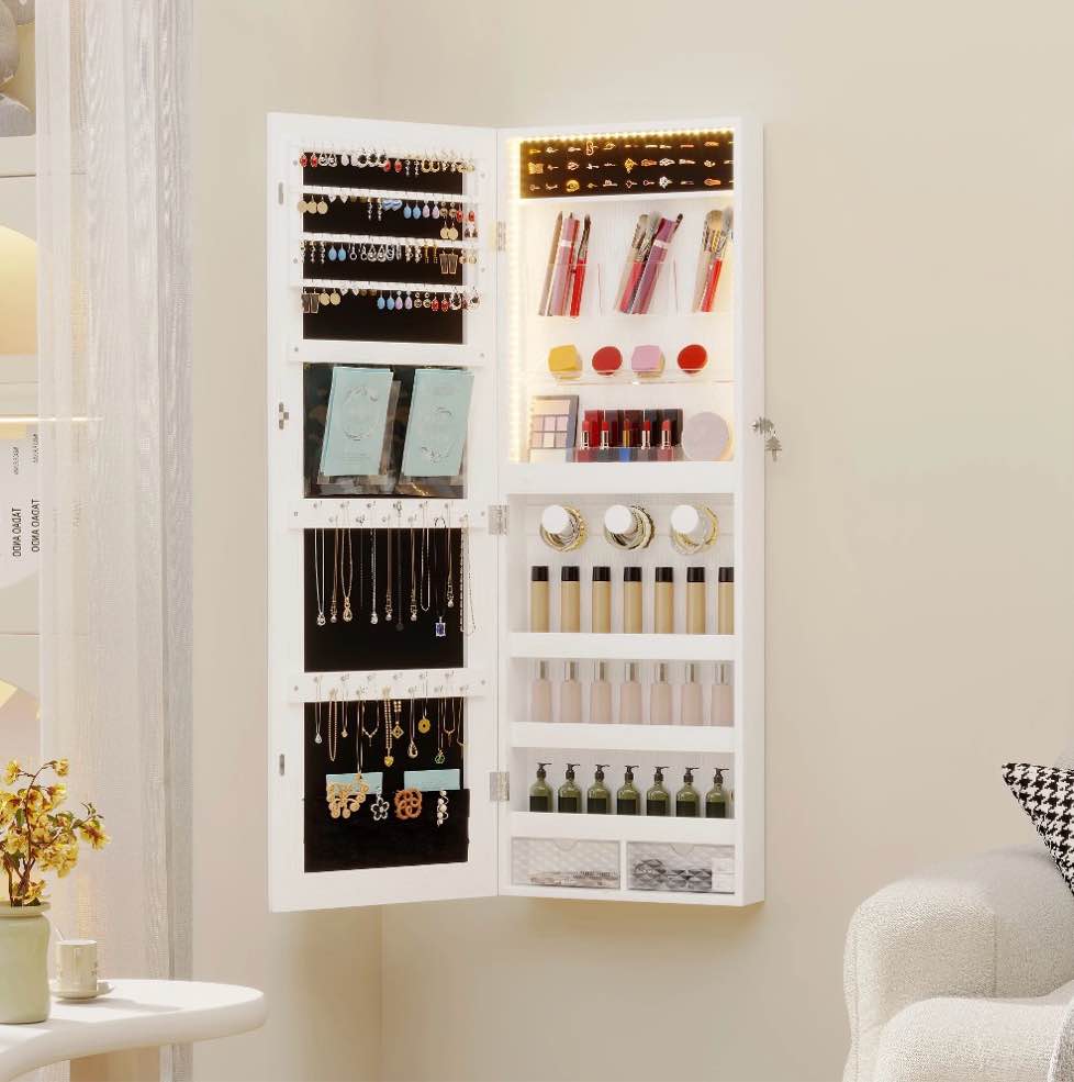 vkcc 42.5" full length mirror jewelry cabinet with led, lockable wall door mounted organizer & storage box for bedroom, white